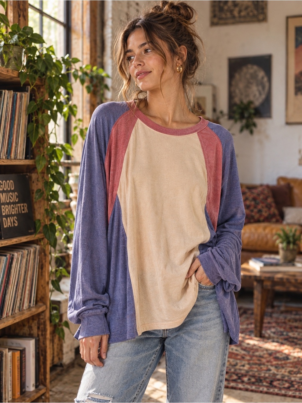 Easel NWT Colorblock Oversized Raglan Tunic Top Boho Size M